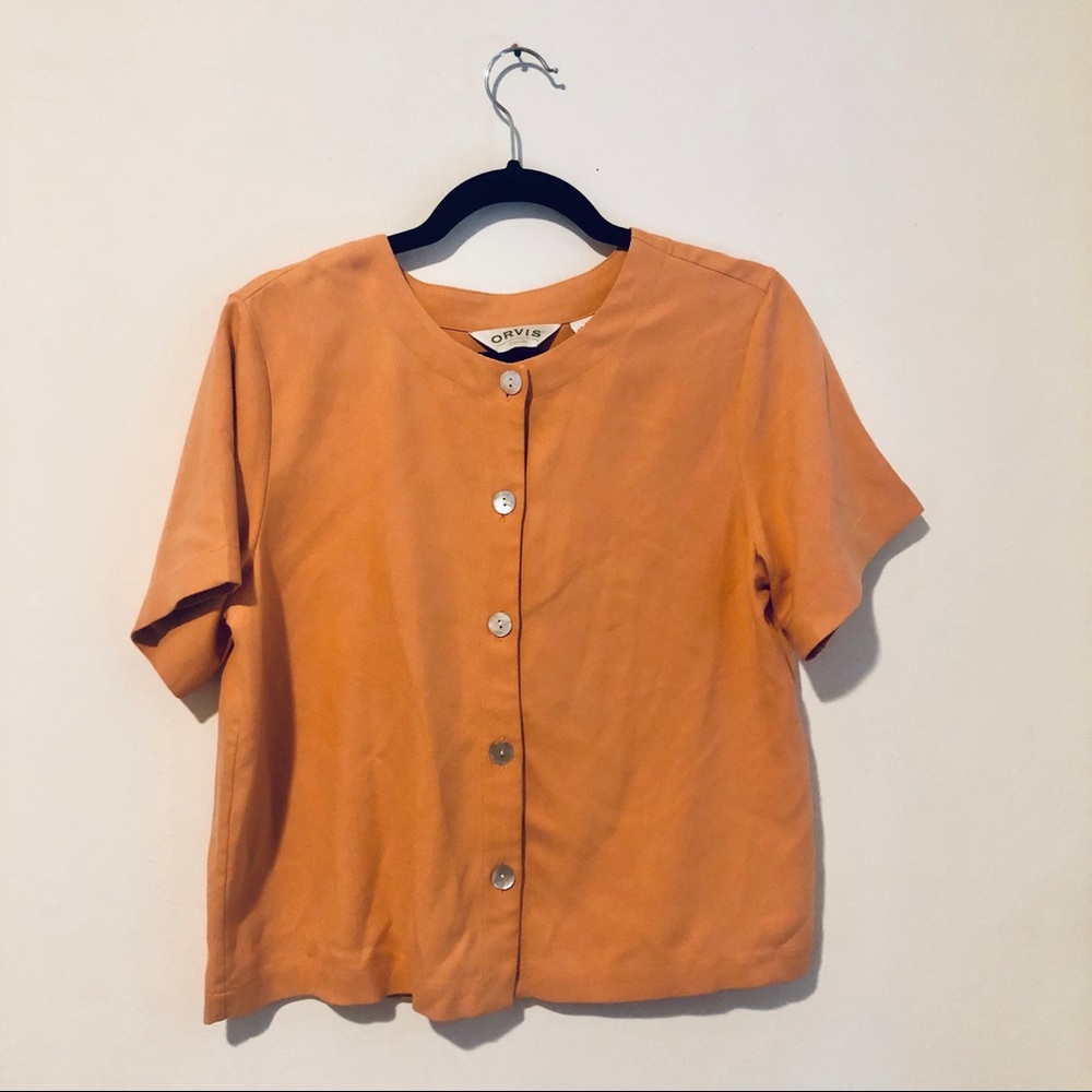 Orvis Button Up 100% Silk Pink Short Sleeve Top